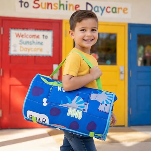Image of EVERYDAY KIDS Nap Mat with Removable Pillow - Roarin' Dinos - Carry Handle with Straps Closure, Rollup Design, Soft Microfiber for Preschool, Daycare, Travel Sleeping Bag - Ages 3-6 Years