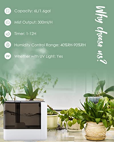 Mxmoonant Ultrasonic Humidifier For Bedroom 6L, Cool Mist Humidifier W/Led Display, Quiet Intelligent Operation, 1-12H Timer, Essential Oil Diffuser For Home Office Living Room #TOP5