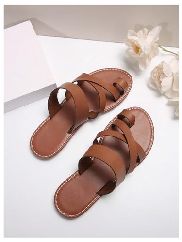 GORGLITTER Women's Cross Strappy Leather Flats Sandal Cute Dressy Toe Ring Open Toe Slip on Slide Sandals3