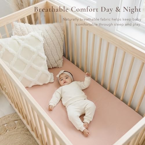 Image of Konssy Muslin Crib Sheets for Girl Boy, 2 PCS Soft and Breathable Cotton Baby Sheets for Standard Crib Mattress, 52 inchx 28 inch (Floral, Pink)