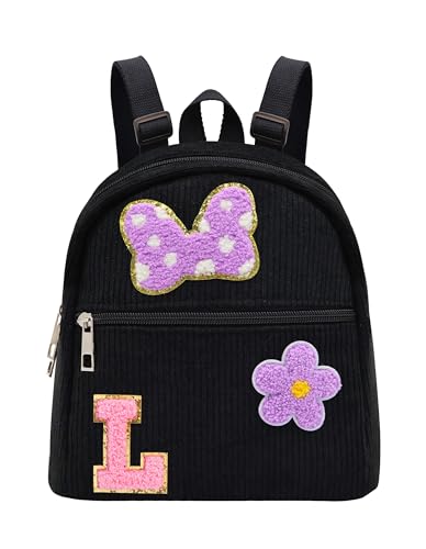 2 3 4 5 6 Year Old Girl Gifts Chenille Initial Mouse Bow Mini Backpack, Corduroy Toddler Backpacks Christmas Birthday Gifts for Girls 2-4 5-6, Black Mini Diaper Bag Must Haves for Park Travel Letter L