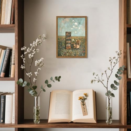 Image of Vintage Whimsical Book Lover Wall Art, Impressionist Flower Field Painting Decor, Rustic Book Nook Canvas Prints, Bookish Gifts French Country Artwork for Bedroom Living Room 10x8 inch Wood Framed