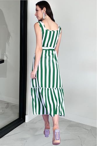 Image of POPWINGS Women Casual Blue & White Stripe Long Belt Dress Dress | Stylish Dress | Trendy Dress