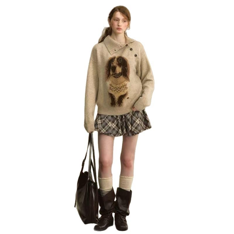 Womens y2k Cute Little Dog Embroidered Sweater Round Neck Long Sleeved Loose Pullover Sweater