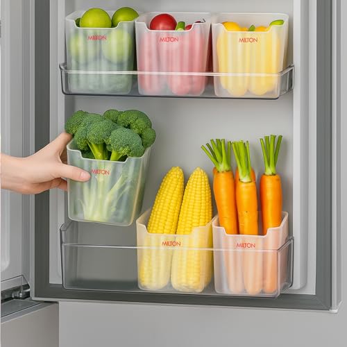 Image of MILTON Cryo Fridge Storage Containers for Door - Set of 6, Stackable, Space-Saving Transparent Plastic Containers with Waterproof Stickers, Multipurpose Kitchen Organizer for Fruits, Vegetables & More