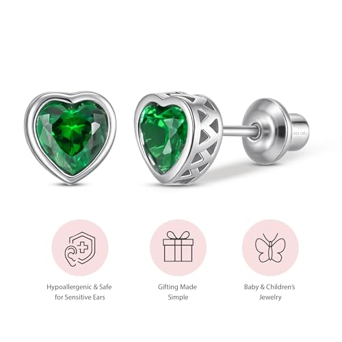 Heart Birthstone Earrings with Screw Backs | Hypoallergenic Sterling Silver Studs for Girls, Babies, Kids & Teens | Safe Jewelry Gift for Birthdays & Holidays4