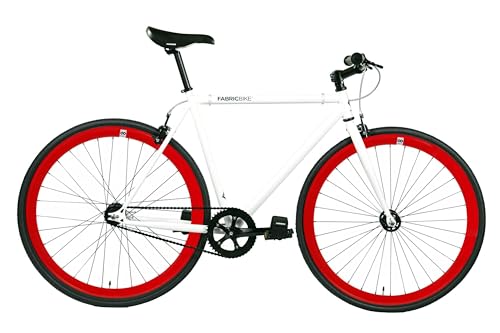 FabricBike Original - Bicicletta a scatto fisso, 28 pollici, Fixie Bike, Single Speed, Telaio Hi-Ten Acier, 10,45 kg (taglia M) (White & Red, L-58cm)
