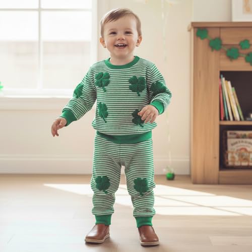 Image of Toddler Baby Boy St Patricks Day Outfit Infant Lucky Clover Sweatshirt Pants Set Little Kids Spring Warm Clothes