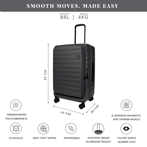 Image of F Gear Sedona Medium 65cm German Polycarbonate Hard Luggage|8 Japanese Hinomoto Silent Wheels |Expandable Check-in Front Opening Suitcase for Travel| Anti-Theft Zipper, TSA 007 Lock (Steel Grey)
