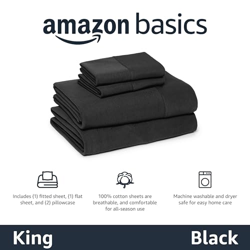 Image of Amazon Basics 100% Cotton Jersey Bed Sheet Set, King, Black, Solid