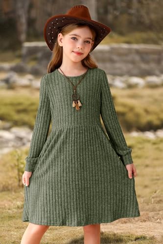 HOSIKA Girls Knit Dress Fall Long Sleeve Crew Neck Plain A-line Casual Dresses with Pockets for 6-12 Y2