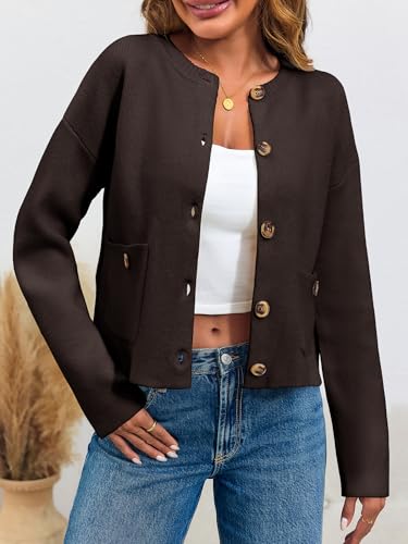 Image of Saodimallsu Womens Cropped Knit Cardigans Fall Crewneck Button Long Sleeve Open Front Soft Sweater Jackets