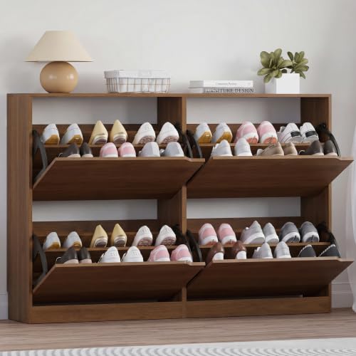 Image of BORNOON Shoe Cabinet with 4 Flip Drawers, Narrow Hidden Shoe Storage Cabinet, Slim Freestanding Shoe Rack Organizer for Entryway, Hallway, Bedroom, Living Room