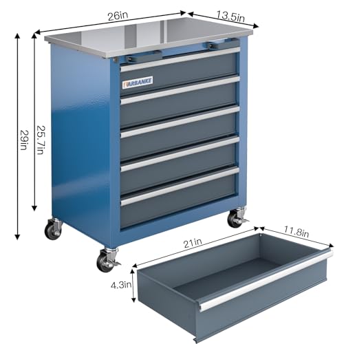 Image of LARBANKE 5-Drawer Rolling Tool Chest with Stainless CounterTop,Tool Chest with Keyed Locking System, with Wheels and Foot Pads,Rolling Tool Cabinet with Drawer Liners,Unique Link Buckle for Connecting | Secure Locking System, 360 Wheels and Padded Feet, Unique Link Buckle for Connecting, For Home, Garage and Office
