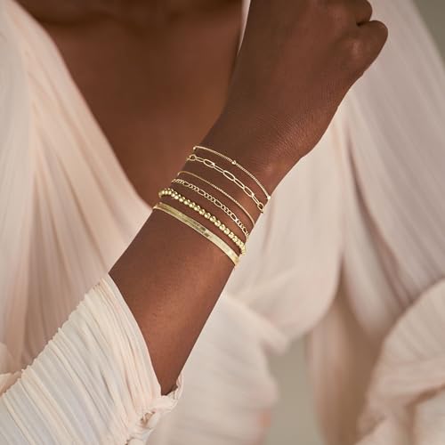 Gold Bracelets for Women, Dainty 14K Gold/Silver Plated Stackable Bracelets for Women Trendy Waterproof Paperclip Figaro Box Herringbone Chain Bracelet Pack Stack Adjustable Fashion Jewelry for Women2