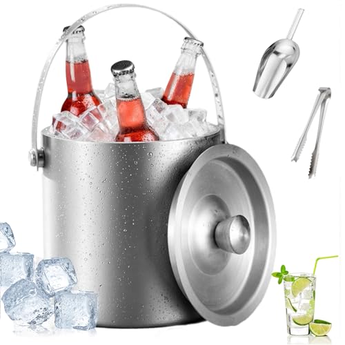 3L Insulated Ice Bucket, Double Wall Stainless Steel Ice Bucket with Lid and Ice Tongs, Round Ice Champagne Wine Bucket Punch Drink Ice Cooler Party