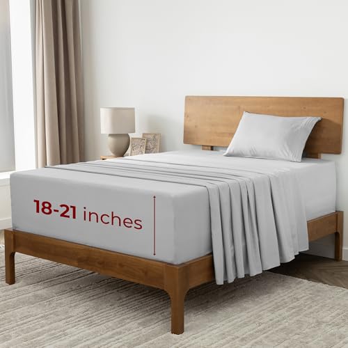 Image of Mellanni Extra Deep Twin Sheets - 3 PC Iconic Collection Bedding | Hotel Luxury, Ultra Soft, Cooling Bed Sheets - Wrinkle, Fade, Stain Resistant (Twin, Light Gray)