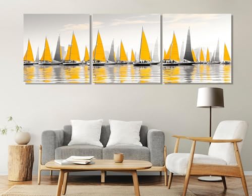 Voilier jaune impression sur toile triptyque abstrait pour habiller un grand mur vide