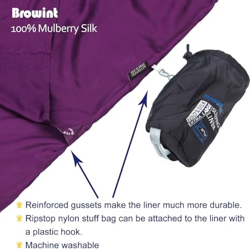 Image of Browint Silk Sleeping Bag Liner, 100% Mulberry Silk Sleep Sheet, Sack, Extra Wide 87 inchx43 inch & 87 inchx34 inch, Lightweight Travel Sheet for Hotel, Envelop Rectangular 73 inchx34 inch, Hooded Mummy 87 inchx34 inch