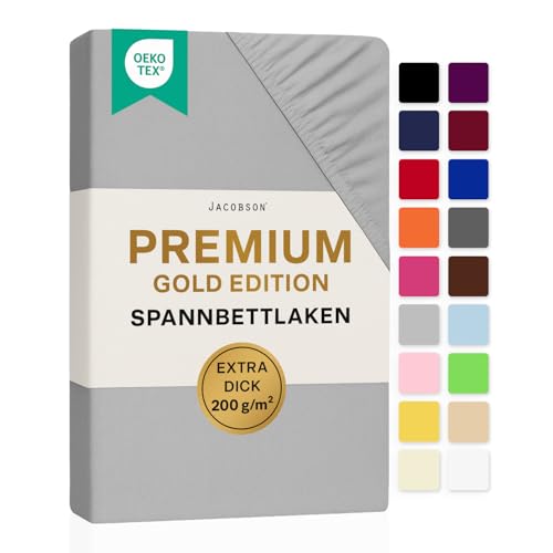 JACOBSON Gold Edition Jersey Spannbettlaken Spannbetttuch Baumwolle mit ELASTAN ca. 200 g/m² (60x120 cm - 70x140 cm, Grau)