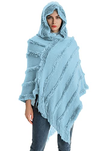 Elegante Maglione Poncho Donna Invernale Poncho con Cappuccio Mantella Scialle Uncinetto con Strisce di Peluche e Franges Scialle della Moda Monocromo Irregular Moda Giovane Top