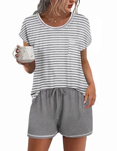 Image of Ekouaer Womens Pajama Sets 2 Piece Soft Short Sleeve Top and Shorts Sleepwear Round Neck Pjs Lounge Set with Pockets