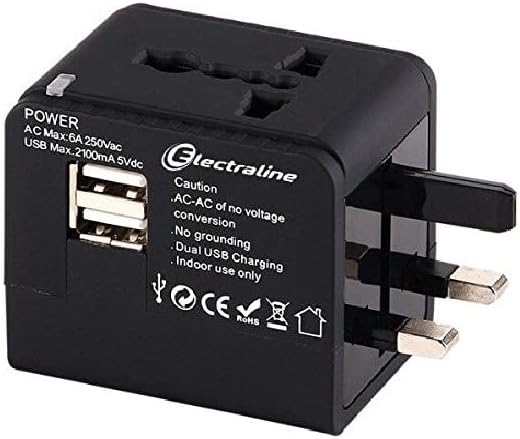 Electraline 70015 – Travel Adapter and USB Charger – Suitable for European, American, African and Australian Plugs for Holidays Worldwide – Over 150 Countries, Black