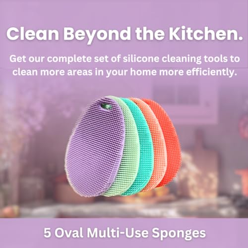 Image of Silicone Sponge Dish Scrubber - Food Grade Silicone Dish Scrubber and Housecleaning - BPA Free Silicone Kitchen Scrubber [5 Pack Ovals Spring]