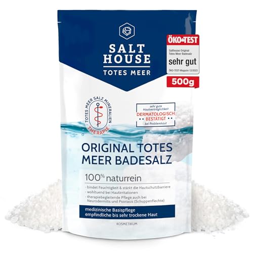 Salthouse Original Totes Meer Badesalz 500g - 100% naturreiner Badezusatz, wohltuend bei Hautirritationen, ideal für empfindliche & trockene Haut, Pflege bei Neurodermitis & Schuppenflechte