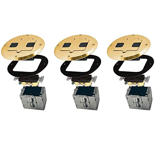 Hubbell-Raco 6239BP Single Gang Floor Kit with Recessed Duplex 15A TR Device and Adjustable Steel Box, Brass Finish (Three Pack)