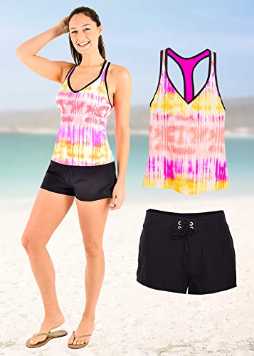 ZeroXposur Womens Tankini Swimsuits Racerback Top Full Coverage Action Shorts with Back Pocket Set (0X Plus, Fuchsia) - Thumbnail 2