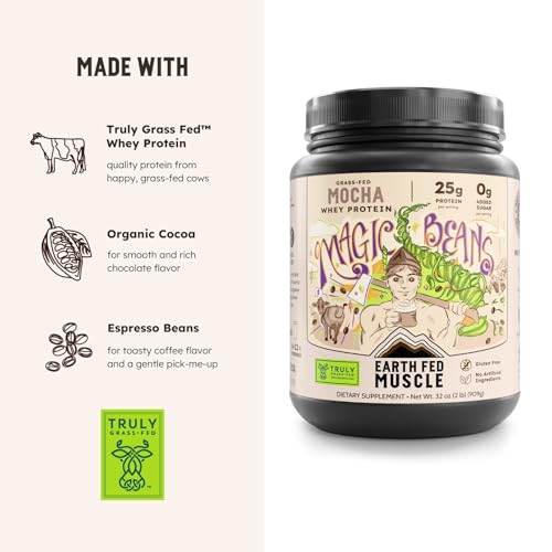 Image of Earth Fed Muscle Magic Beans Mocha Irish Grass Fed Whey Protein Isolate, Third-Party Certified. 25g Protein, Mocha - Non-GMO, Hormone Free, Soy Free, Gluten Free - 2 LB, 29 Servings