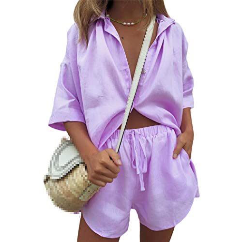 Ensemble en coton et lin femme violet pour un look d'été casual et élégant