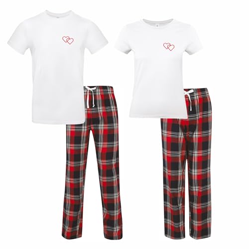 Pyjama à carreaux couple st valentin - cadeau saint valentin amoureux, vêtement assortie couple, cadeau femme pyjama coeur st valentin (Pantalon femme, Haut blanc, S)