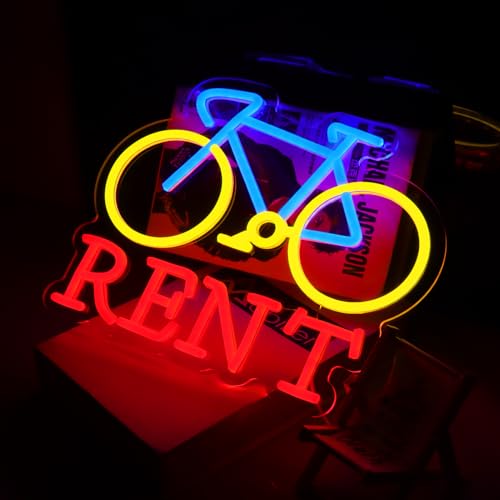 Image of Bicycle Rental Neon Sign for Wall Decor, Dimmable Bike Rental Shop Store Office illuminated Display LED Light, Red and Yellow Neon Lights for Bicycle Shop (Red)