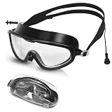 Simpolor Schwimmbrille, [kein Auslaufen] [Antibeschlag] Schwimmbrille mit verstellbarem Gummiband und verbundenen Ohrstöpseln, Vollschutz-Silikon-Schwimmbrille für Männer, Frauen, Erwachsene – Schwarz