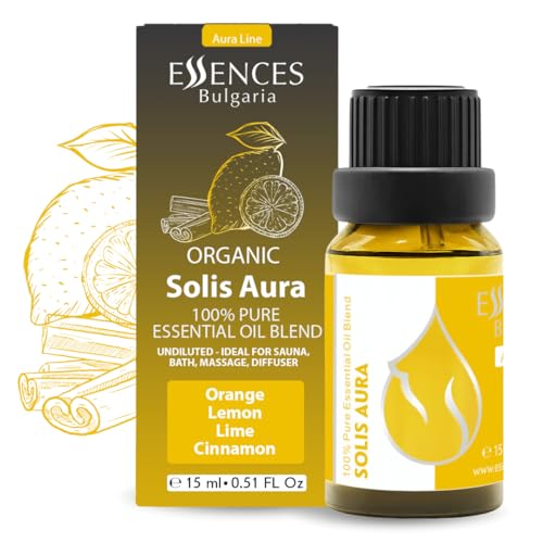 Mezcla de aceites esenciales orgánicos Essences Bulgaria Solis Aura 15 ml | Naranja, limón, lima, canela | Aromaterapia, sauna y spa | 100% puro y natural | Sin diluir