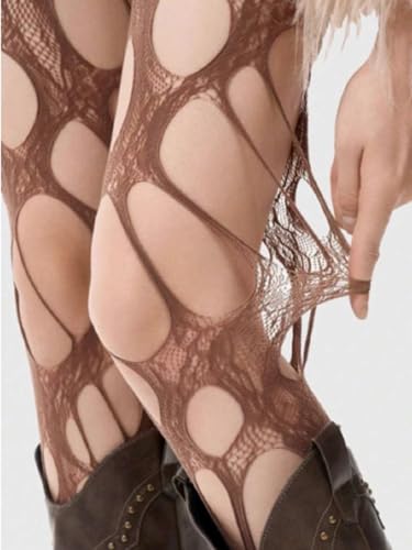 Image of Women's Ripped Fishnet Tights, Irregular Distressed Hole Mesh Stockings, Y2k Lace Sheer Pantyhose