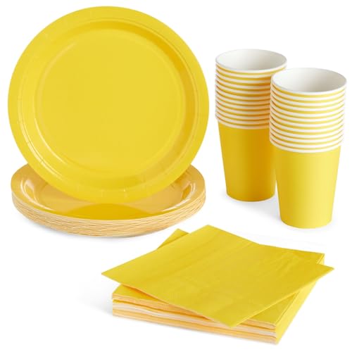 Juvale Yellow Paper Plates & Napkins Party Pack for Birthday Decorations - 72-Piece Set Serves 24-9-Inch Plates 200ml Cups 13x13-Inch Napkins - Disposable Party Supplies