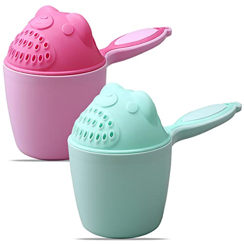 Guador 2 tazas de champú de oso dibujos animados de ducha, gorros de ducha para bebé cucharas juguetes de baño lavado de cabello lindo animal para bebés y niños pequeños (rosa + verde) Cover