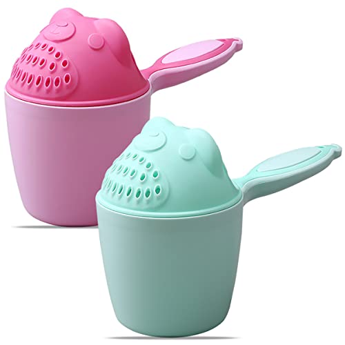 Guador 2 tazas de champú de oso dibujos animados de ducha, gorros de ducha para bebé cucharas juguetes de baño lavado de cabello lindo animal para bebés y niños pequeños (rosa + verde)