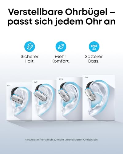soundcore V40i by Anker, Open-Ear Kopfhörer, transparentes Case ohne Deckel, 4 einstellbare Positionen für Jede Ohrgröße, intensiver Bass, IP55, 21h Wiedergabe, Anrufe mit KI, Bluetooth 5.4, App – Bild 5