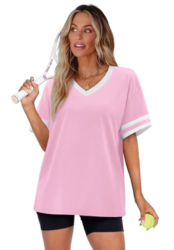 Image of WIHOLL Womens T Shirts Loose Fit Short Sleeve Tees V Neck Color Block Summer Tops 2026 Fashion S-4XL