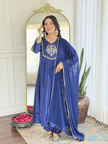Image of Naixa Women's Silk Chiffon Embroidered A-Line Kurta with Rayon Pant and Silk Chiffon Laced Dupatta Sets (Available in Plus Size) (NX-661)