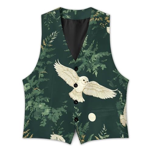 Owls Flying Moonlight Ferns Leaves Casual Suit Vest for Men Formal Business Dress Regular Fit Waistcoat Tuxedo2