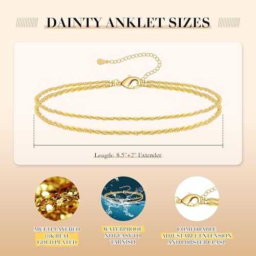 Image of Kenivira Sterling Silver Ankle Bracelets for Women,Gold Dainty Layered Waterproof Anklet for Women, Anklet Set Stackable Beach Gift Adjustable Size