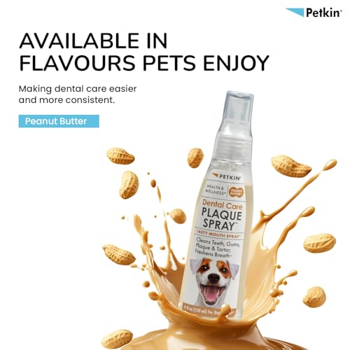 Image of Petkin Plaque for Dogs, Peanut Butter Flavor, Easy Oral Care, Supports Daily Dental Hygiene & Fresh Breath Routine,120 ml (120 ml, Peanut Butter Spray)