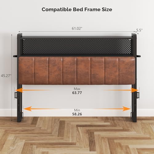 Image of VINGLI Queen Size Headboard Industrial Brown PU Leather Head Boards for Bed with Storage, Upholstered, Chargers and Lights, 2 Tier Shelves and Pegboard,Height Adjustable, Retro Style