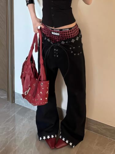 Unisex Y2k Grunge Gothic Plaid Double Waistband Tie Jeans Harajuku Streetwear Punk Rock Star Print Baggy Denim Pants2