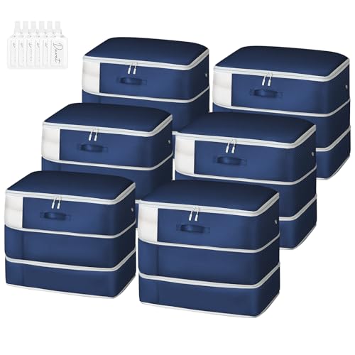 Easortm Comforter Storage Bag - Large Capacity Blanket Storage Bags 3-Layer Ultra Space Saving Self Compression Organizer, Washable Compression Bags for Storage Comforter Blanket, 6-Pack, Navy Blue